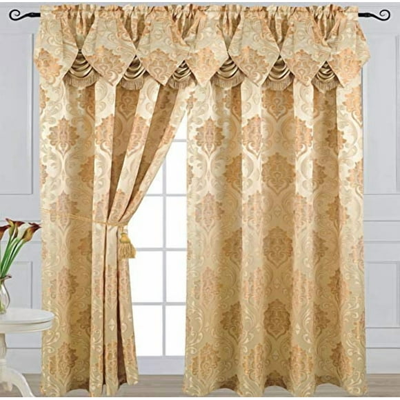Panneau de Rideau Jacquard de Luxe avec Cantonnière Cascade Attachée, 54 par 84 Pouces Angelina Beige