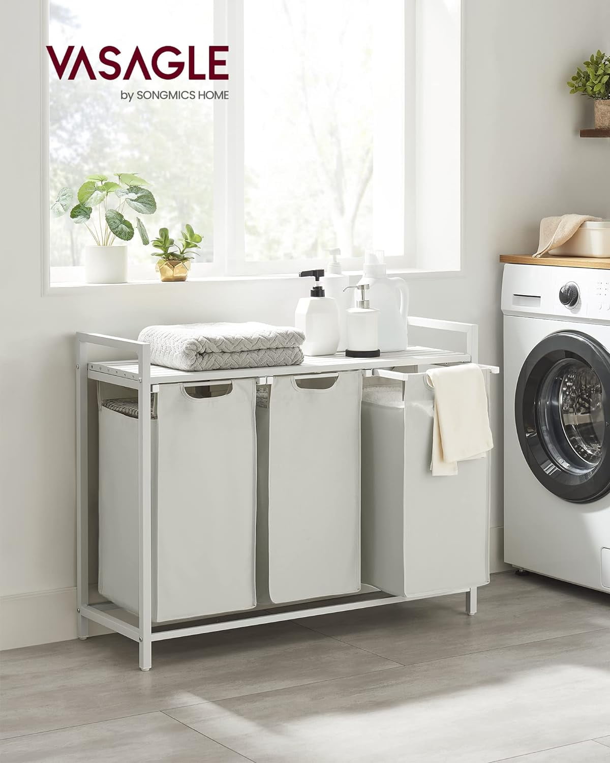 3 Section Laundry Hamper with shelf Laundry Sorter with 3 Pull-Out and Removable Bags for Bathroom Laundry Room White