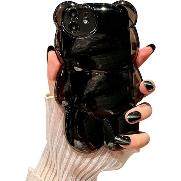 Compatible with iPhone 12 Clear 3D Cartoon Cute Bear Fashion Design for Women Teen Girls Camera Protect Lovely Animal Shockproof Protective Phone Case-Black