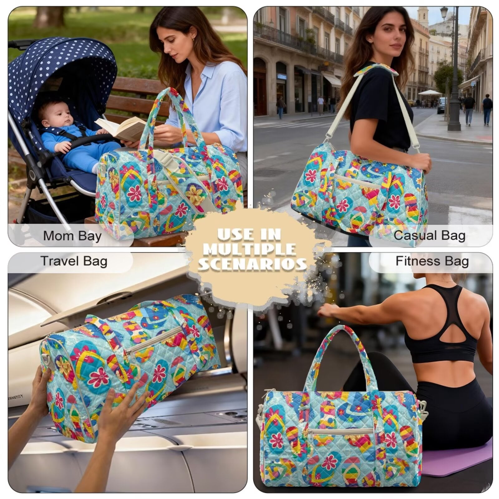 Pzuqiu Large Quilted Weekender Bag for Women Colorful Flower Lightweight Puffy Travel Duffle Carry On Tote with Adjustable Shoulder Strap for Gym, Overnight Trips Vintage Handbags