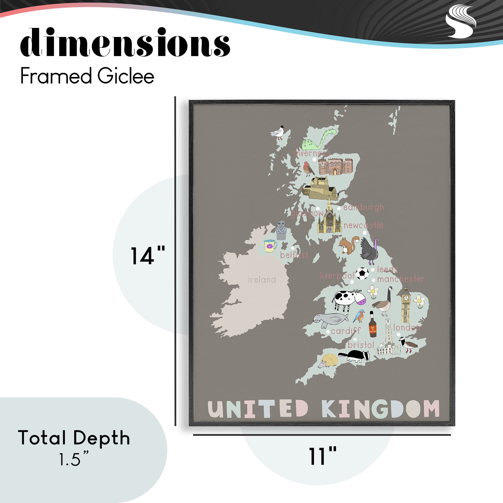 Kid's Map of United Kingdom Black Framed Giclee Art, design by Carla Daly