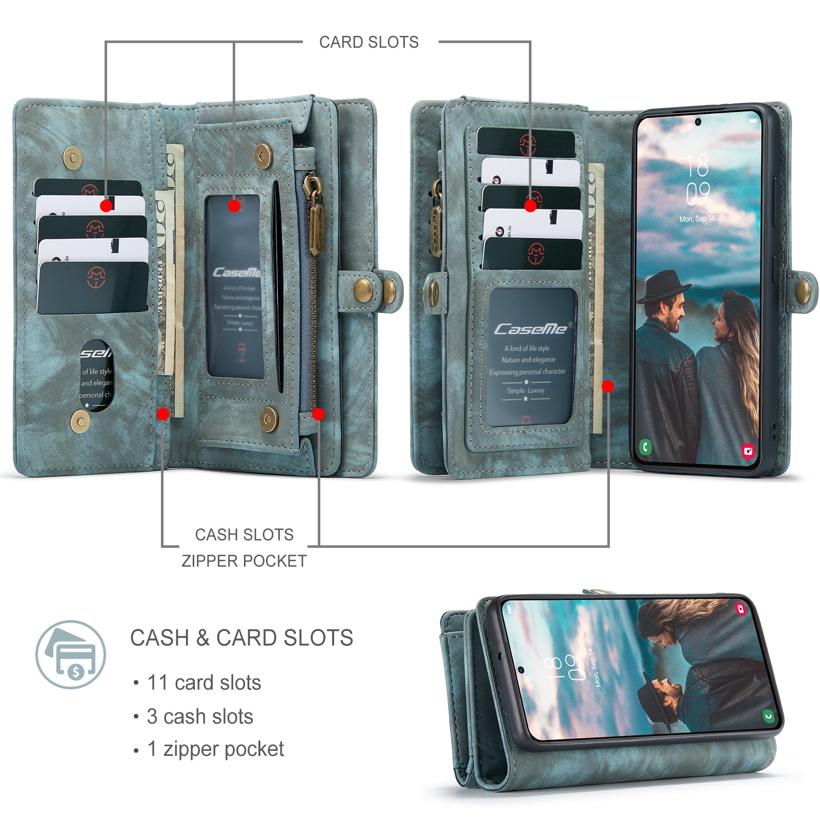 TECH CIRCLE Samsung Galaxy S22 Plus Case,Galaxy S22 Plus Wallet Case with Card Holder Kickstand Zipper Pocket Lanyard Strap Wristlet PU Leather Flip Case Wallet for Galaxy S22 Plus 6.6 inch,Green