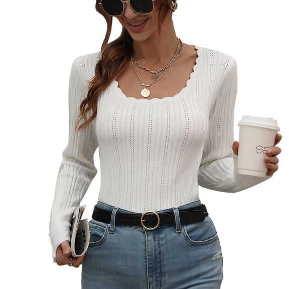Women Knitted Sweaters Stretchy Slim Rib Knit Long Sleeve Pullover for Spring Autunm White L