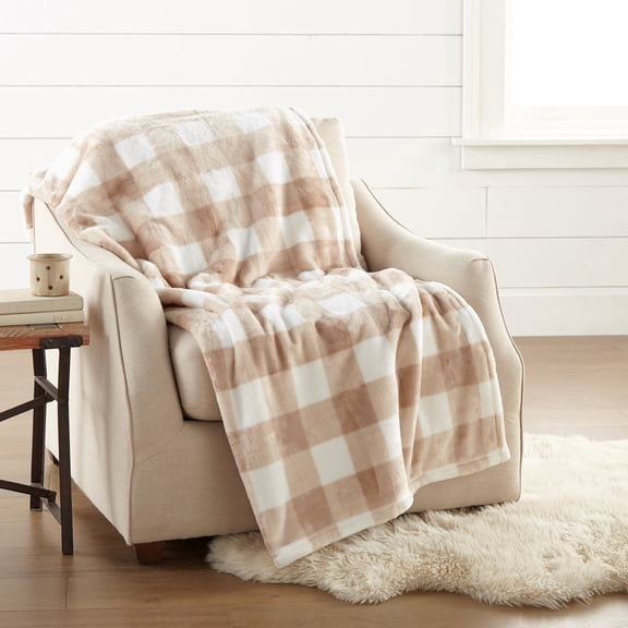 Velvet Plush Throw 60" x 70", Throw, Buffalo Plaid Taupe, Soft Cozy