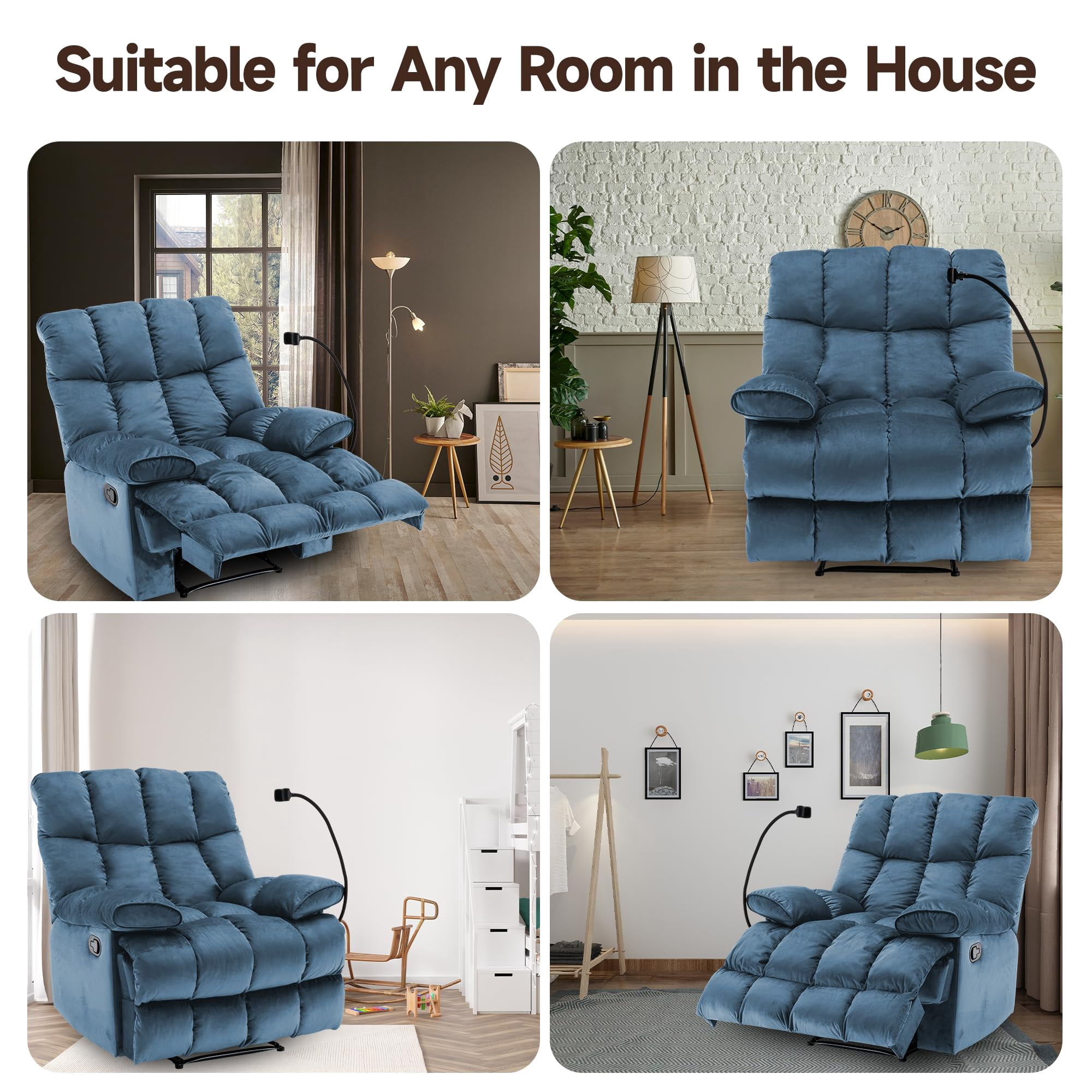 Oversized Recliner Chair Manual Reclining 90°-150° Living Room Velvet Wide Seat Heavy Duty Lounge Velvet Chair Manual Recliner Chair for Adults, 400LBS Capacity