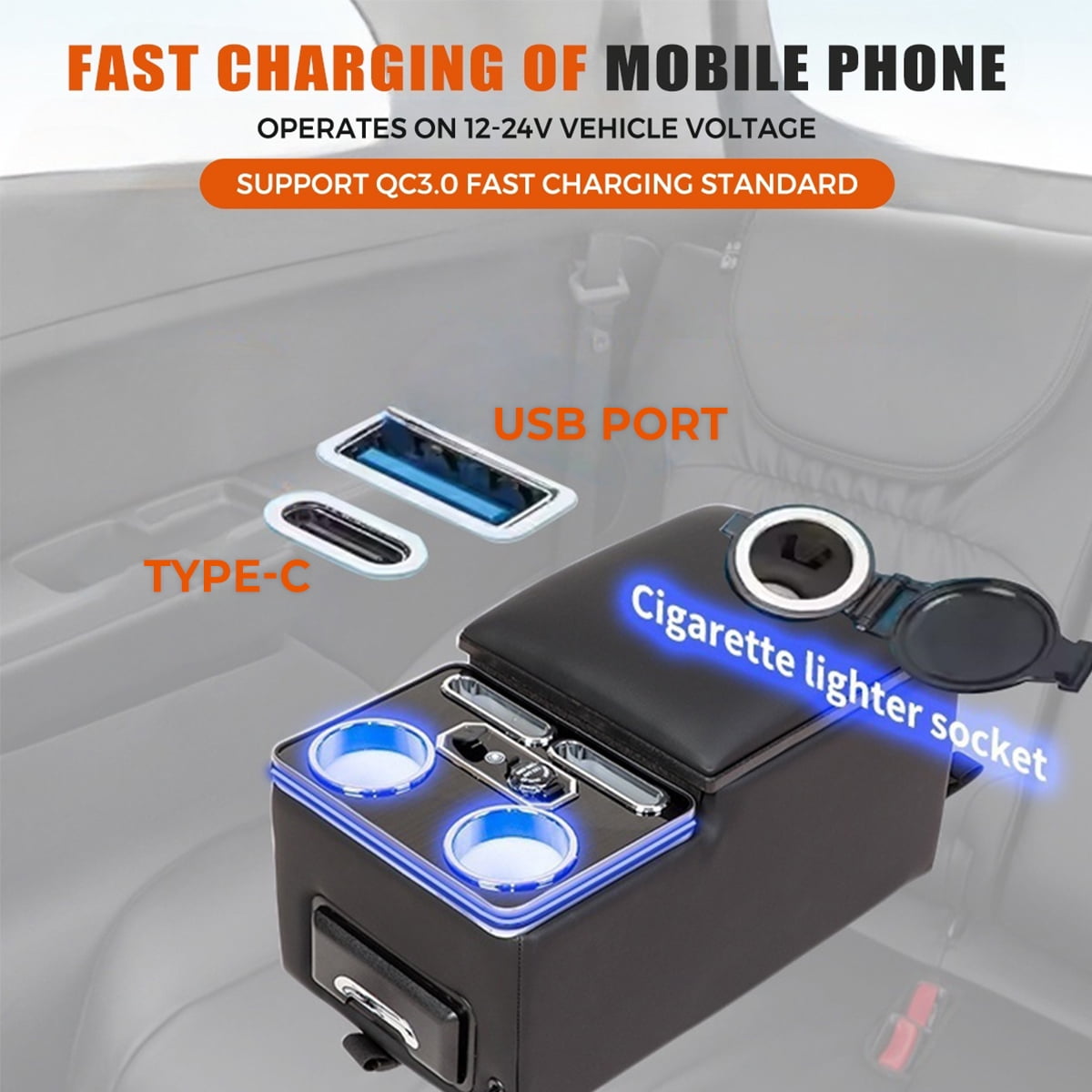 Universal Center Console, Bench Rear Seat Armrest Organizer with Fast Phone Charging & Upgraded 7-Color Adjustable LED Lighting, Truck Center Console Storage Box with Cup & Phone Holders(Beige)