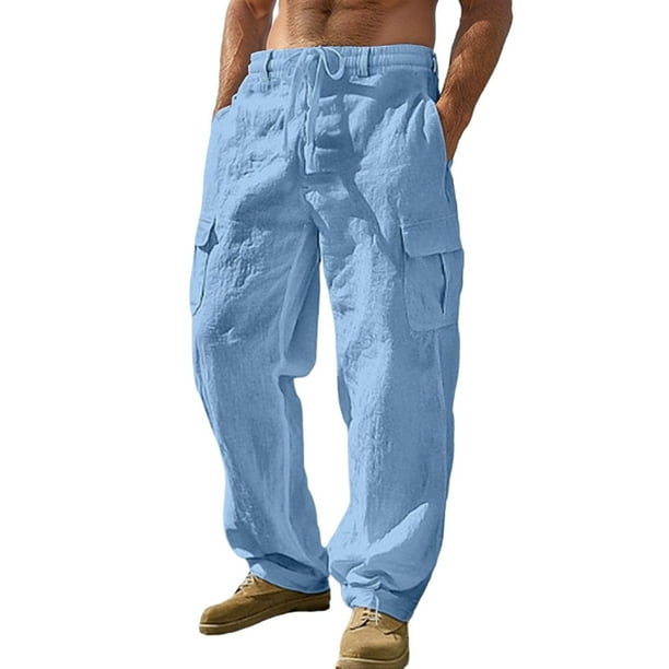 Pantalones cargo para hombre de lino para trabajo: corte holgado, pantalones transpirables para primavera y verano, bolsillos utilitarios, lavables a máquina, poliéster, tallas S-XXXL.