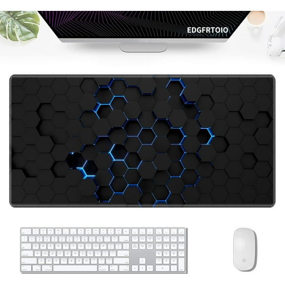 Gaming Mouse Pad, Keyboard Mouse Pad 31.5x15.7 inch XXL Large Computer Laptop Cool Desk Mat with Non-Slip Rubber Base and Stitched Edge for Home Office Work, Technology Blue Hexagon