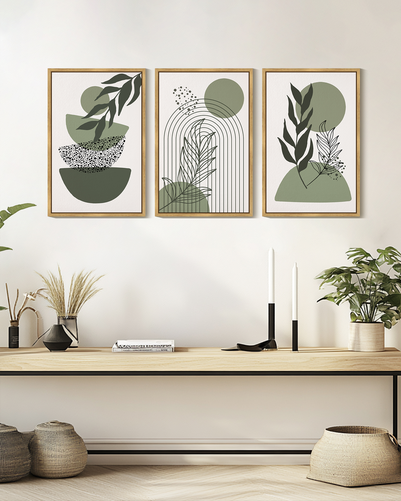 SHENIFY Green Boho Wall Art 16x24in3pcs Neutral Framed Modern Abstract Geometric Artwork Prints for Living Room Bedroom