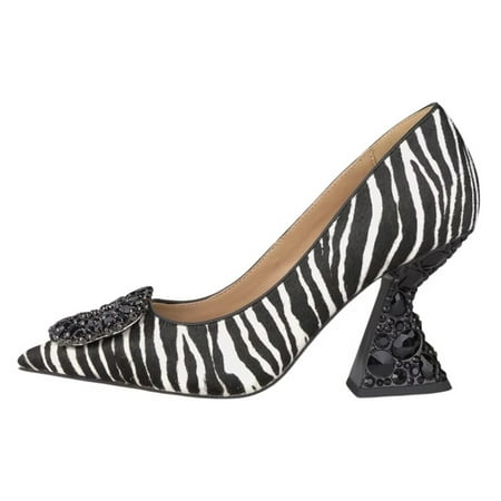 YDN Women Rhinestone Studded Buckle Pumps Slip On Crystal Chunky High Heels Closed Pointed Toe Office Shoes Size 6 Zebra
