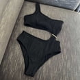 thumbnail image 3 of Bikini de una pieza de un solo hombro Color puro Traje de baño con recorte de cintura de fibra de poliéster transpirable para playa Negro L, 3 of 6