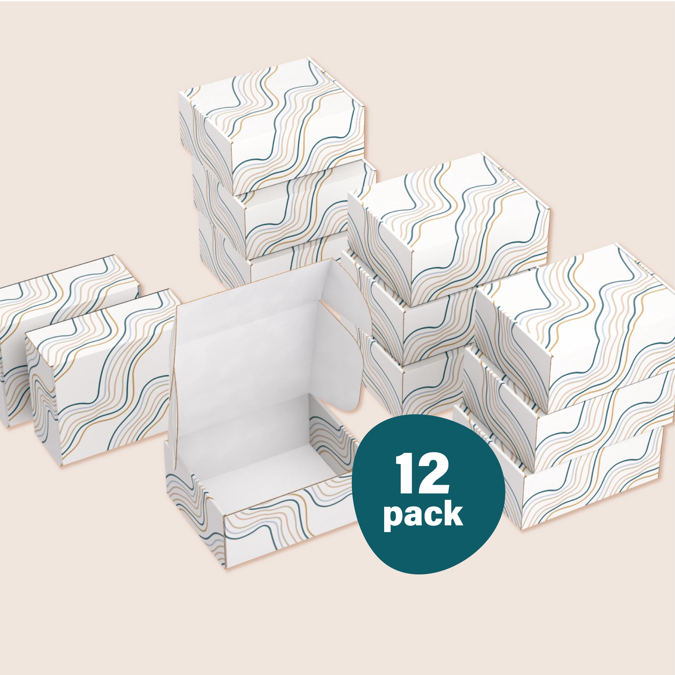 Printed Decorative Mailing, Shipping and Gift Boxes, Tuck Top Closure,  9.5” x 7.5” x 4", Wave Print, 12 -Count Pack