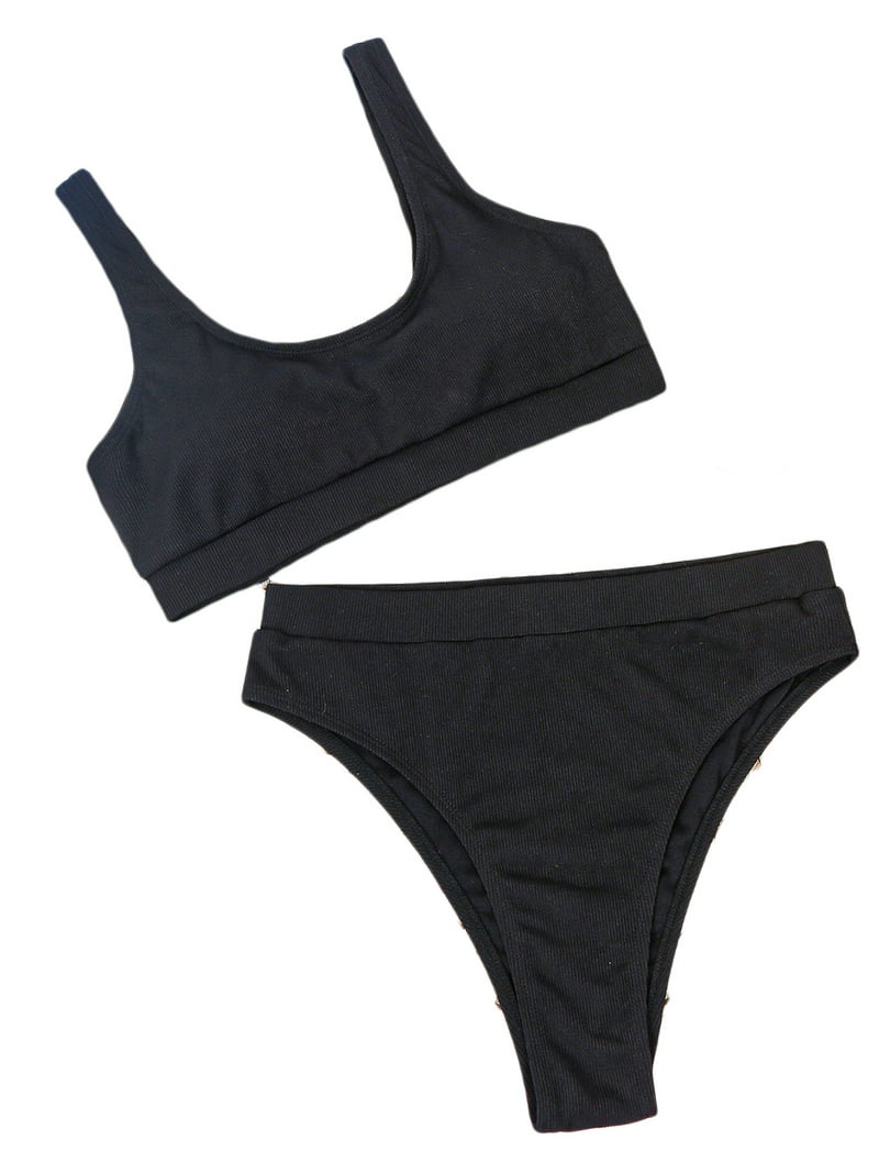 Waarschuwing scannen ethiek Inevnen Women Bikini Set Sling U-Neck Plain Ribbed Push-Up Bra High Waist  Triangle Panty 2PCS Set - Walmart.com