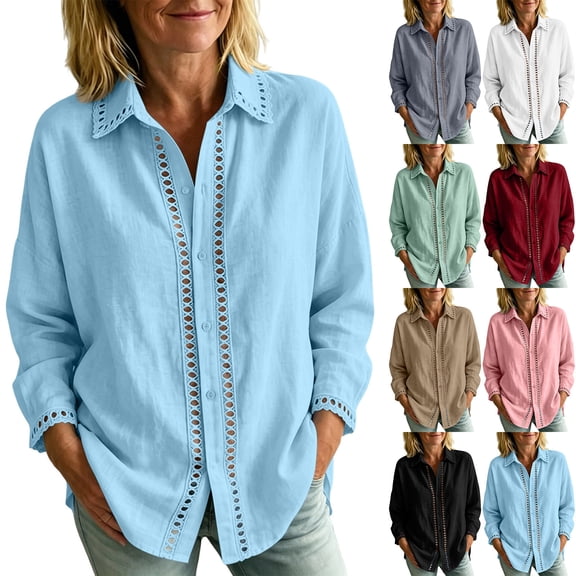Noric Women's Cotton Long Sleeve Shirt V Neck Button Down Loose Fit Casual Tops with Crochet Lace