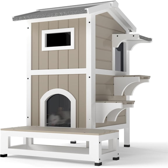 Petsblublu Insulated Outdoor Weatherproof Cat House Two Story Cats Shelter for Winter, with Jumping Platforms