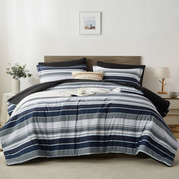 Davulos 7 Piece Bed in a Bag Stripe Comforter Set Queen Size White Grey Navy Patchwork Striped Comforter and Sheet Set, All Season Soft Microfiber Complete Bedding Sets