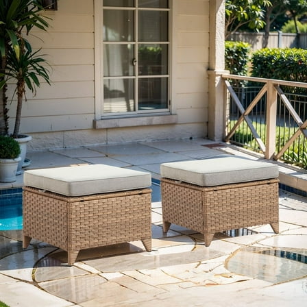 Gymojoy All Weather Outdoor PE Wicker Ottoman Set of 2, Extra Large Patio Footstool Footrest with Thick BEige Cushions