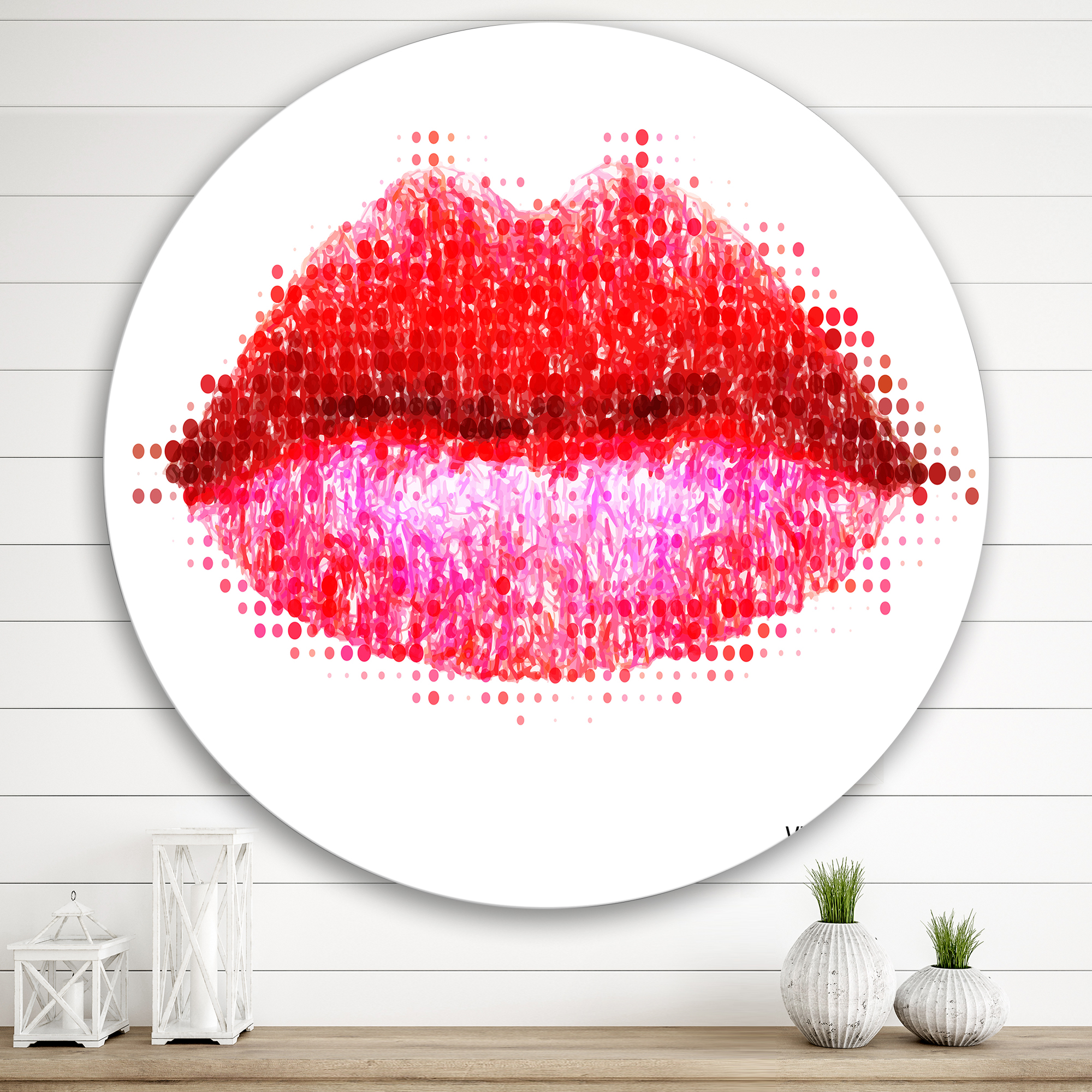 Designart 'Abstract Red Woman Lips in Pixels' Modern Circle Metal Wall Art 29x29 - Disc of 29