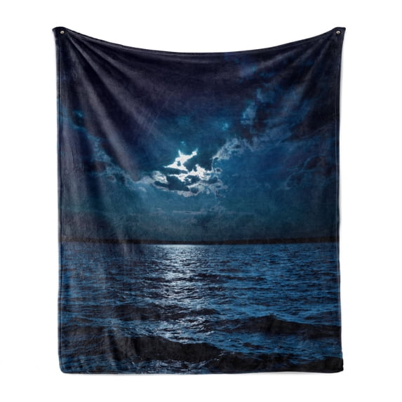 Night Soft Flannel Fleece Throw Blanket, Majestic Dramatic Sky Clouds and Full Moon over Seascape Calm Tranquil Ocean, Cozy Plush for Indoor and Outdoor Use, 60" x 80", Dark Blue White, by Ambesonne