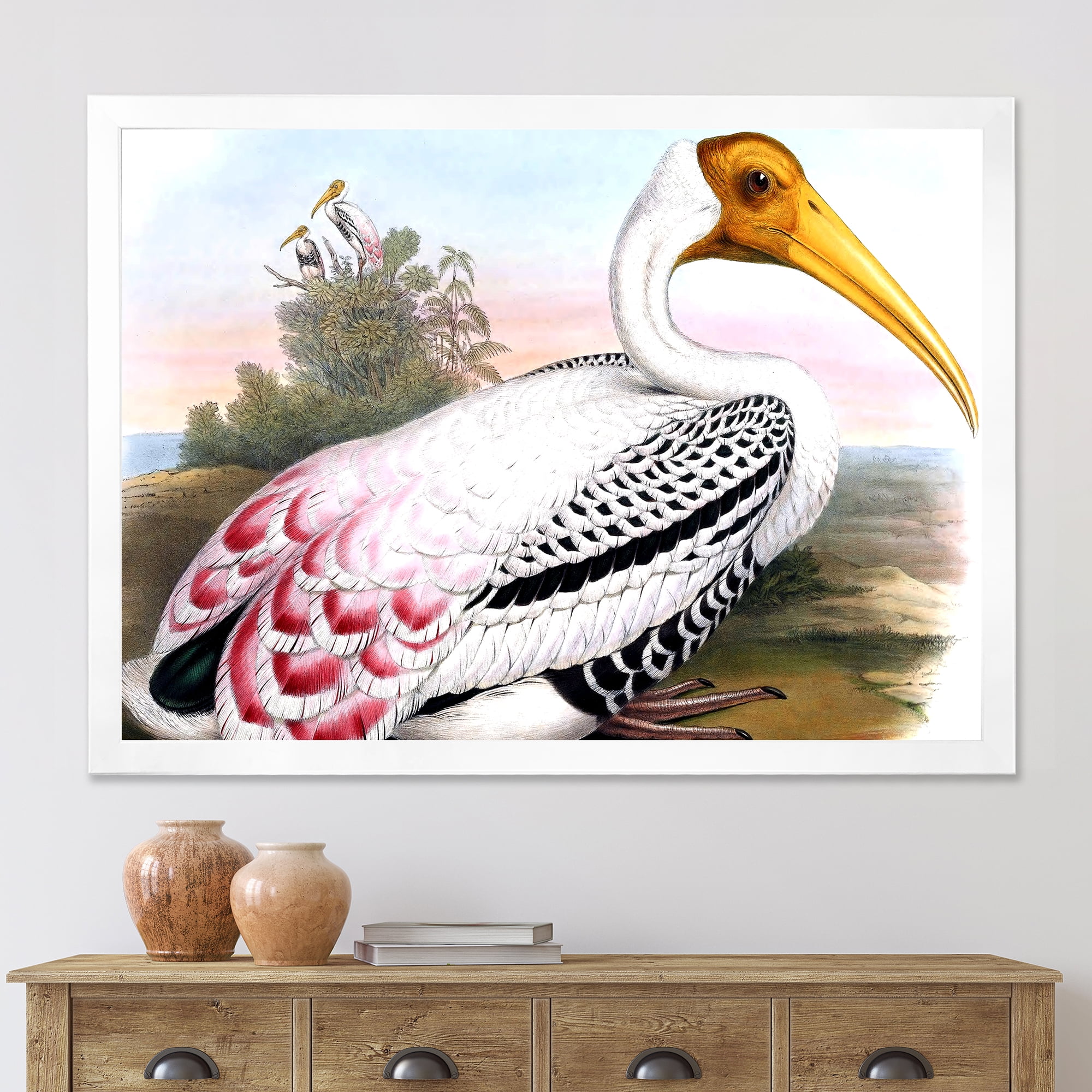 Designart 'Vintage Countryside White Birds' Farmhouse Framed Art Print