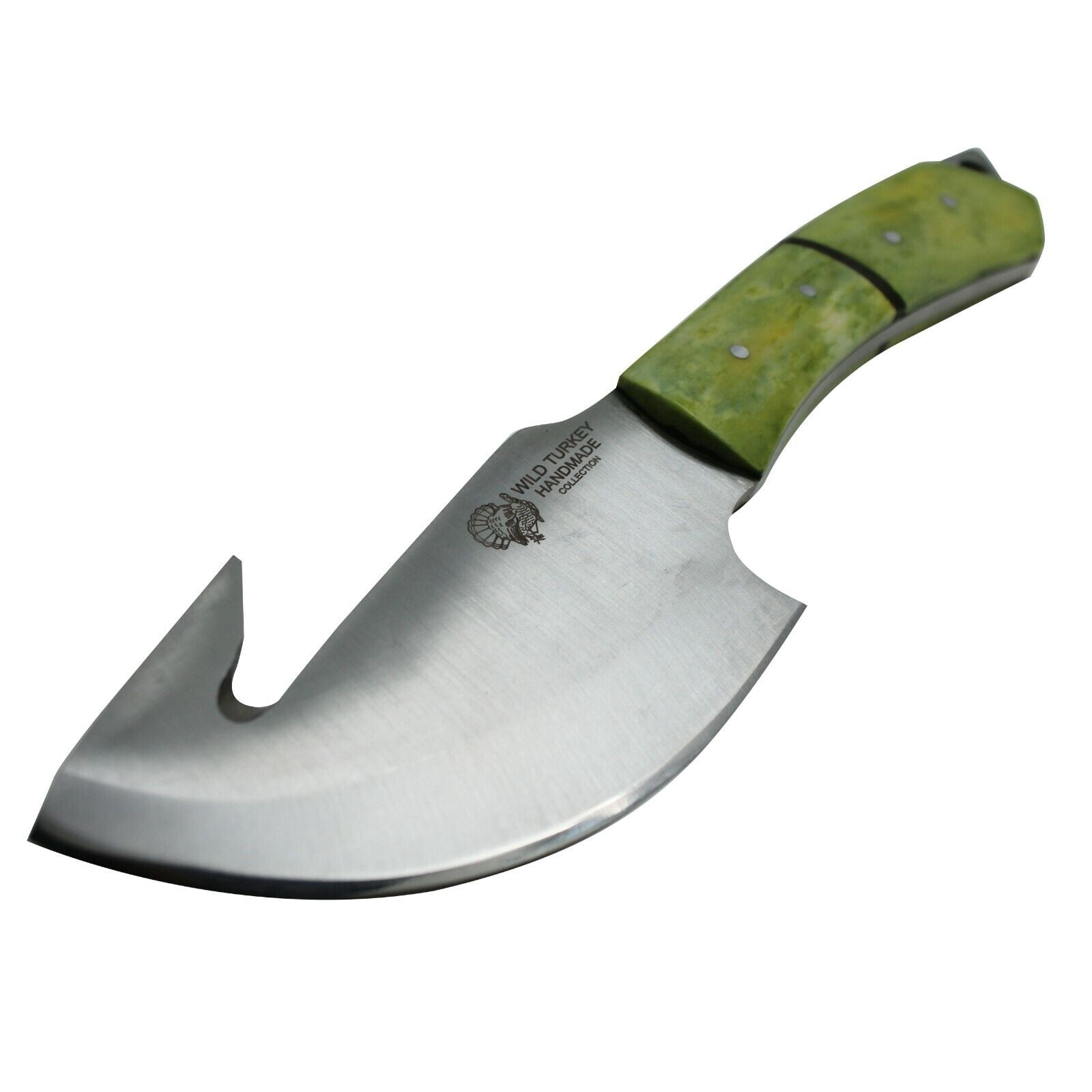 9.5" Green Gut Hook Fixed Blade Handmade Hunting Knife with Sheath