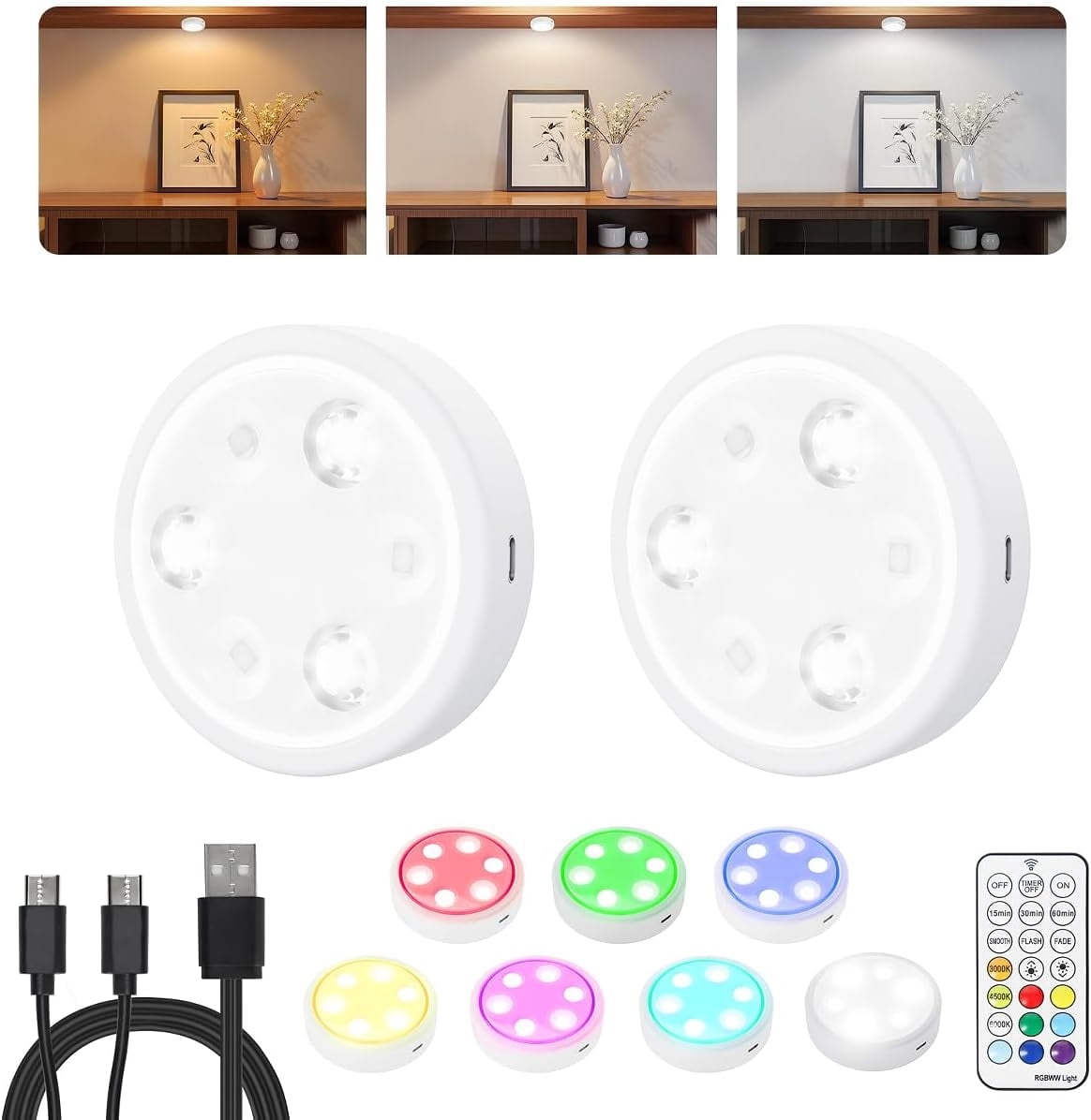 RGHJAR-Puck Lights with Remote, 2000mAh Battery Operated Rechargeable Under Cabinet Lighting, 3 Color Temps & 7 RGB Colors, Magnetic Closet Light, White Wireless Puck Light for Kitchen, Shelf