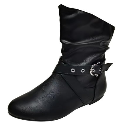 hopeusnice Women s Buckle Ankle Boots Flat Slouch Boots Faux Leather Buckle Booties Comfortable Slip On Short Boots Fall Winter Dress Shoes Black 36