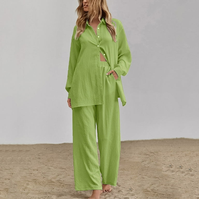 Women s 2 Piece Outfit Button Down Tops With Pocket and Long Wide