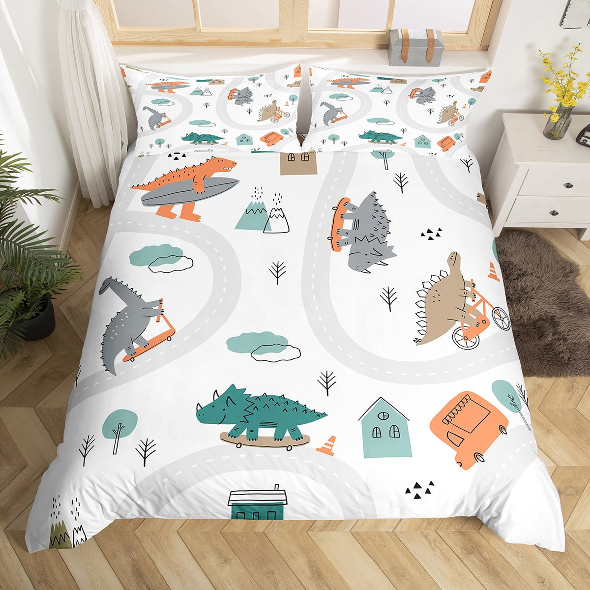 Dinosaur Duvet Cover Twin, Cute Dino Bedding Set, Hand Drawn Cartoon