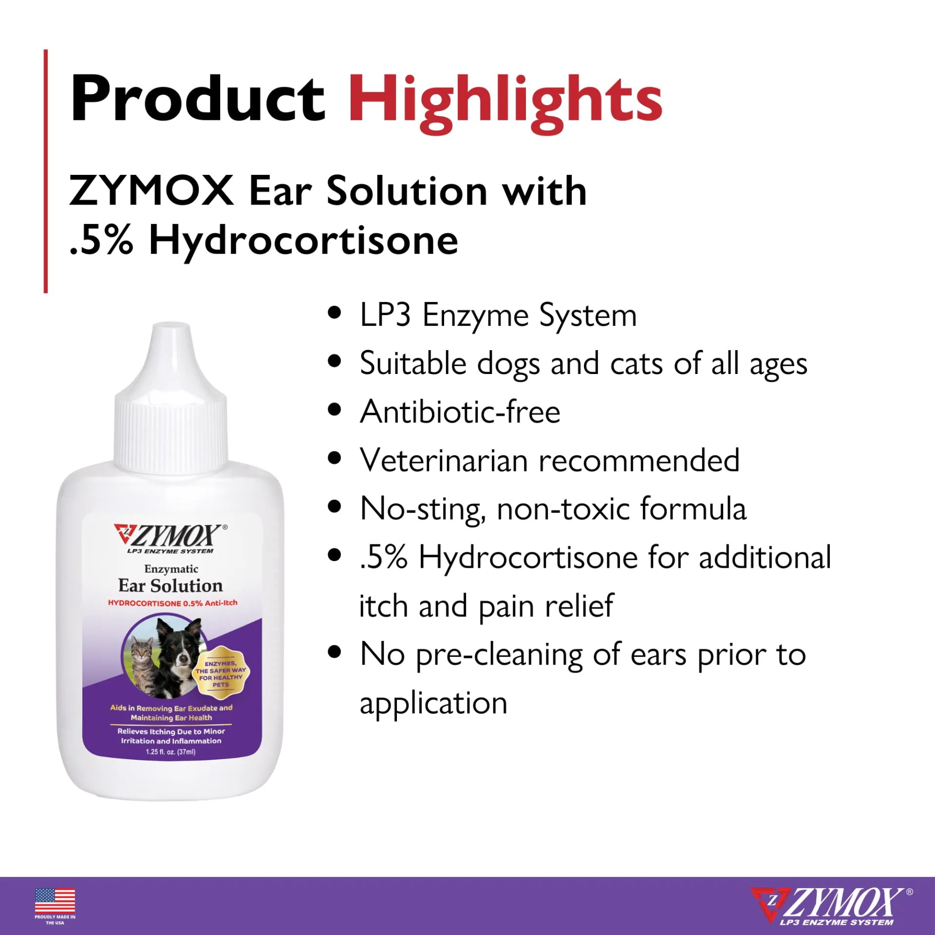 ZYMOX Enzymatic Ear Care Solution for Dogs & Cats 0.5% Hydrocortisone 1.25 oz 2 Pack