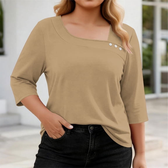Fnooota Women's Plus Size T-shirts, Classic Casual Summer Asymmetrical Neck 3/4 Sleeve Tops Khaki Size L-4XL