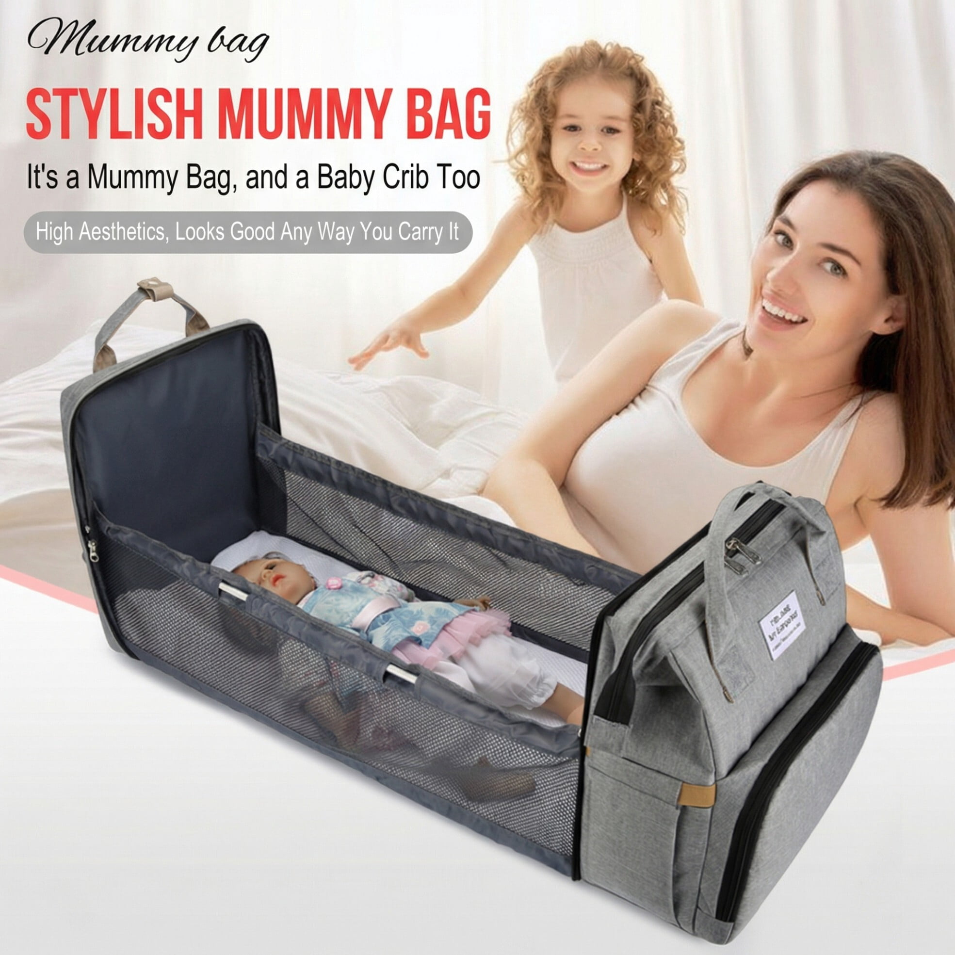 Baby diaper bag, backpack-style diaper bag, with changing pad and USB charging port, the perfect baby christening gift for mom.