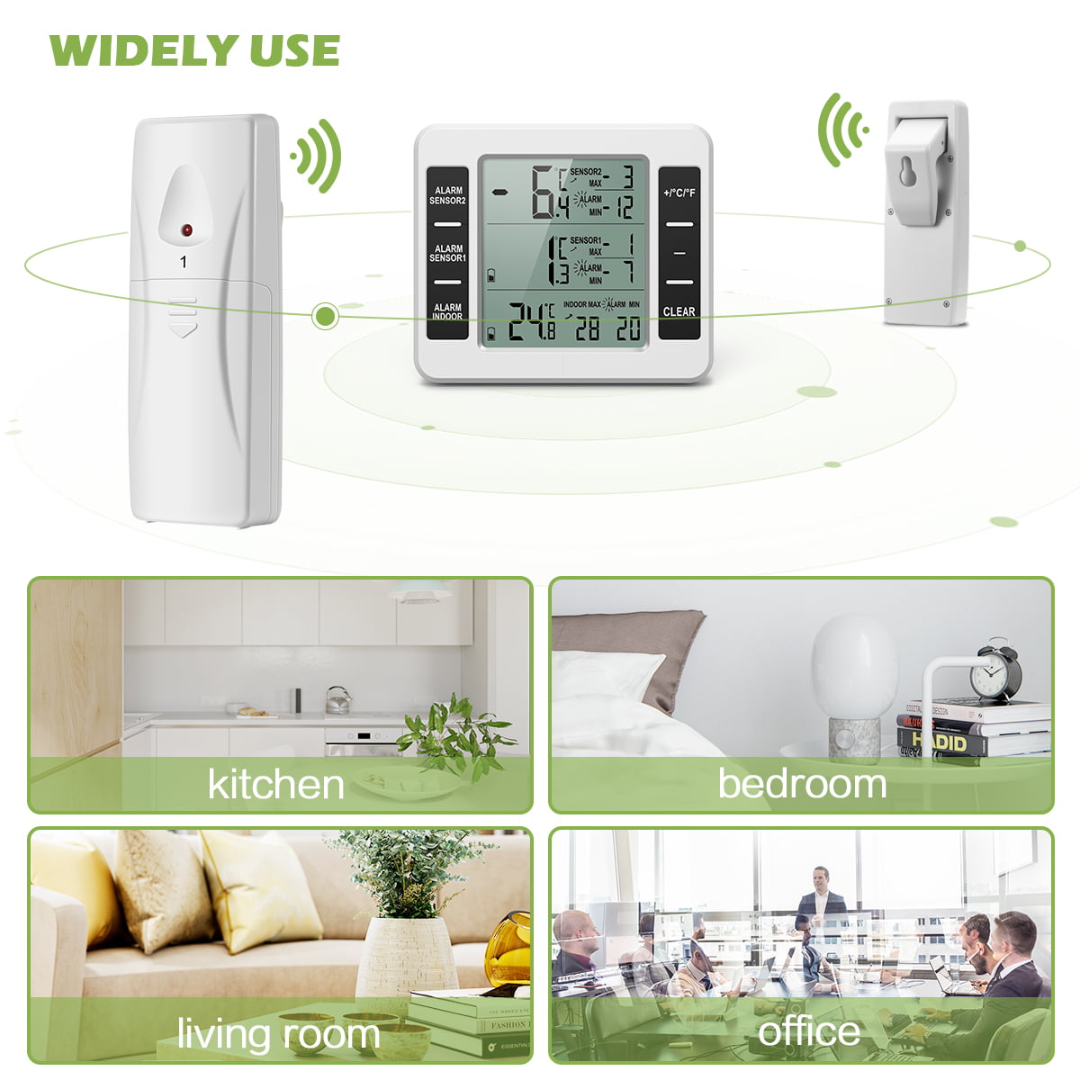 ORIA Refrigerator Thermometer, Indoor Outdoor Thermometer with 2 Wireless  Sensors 