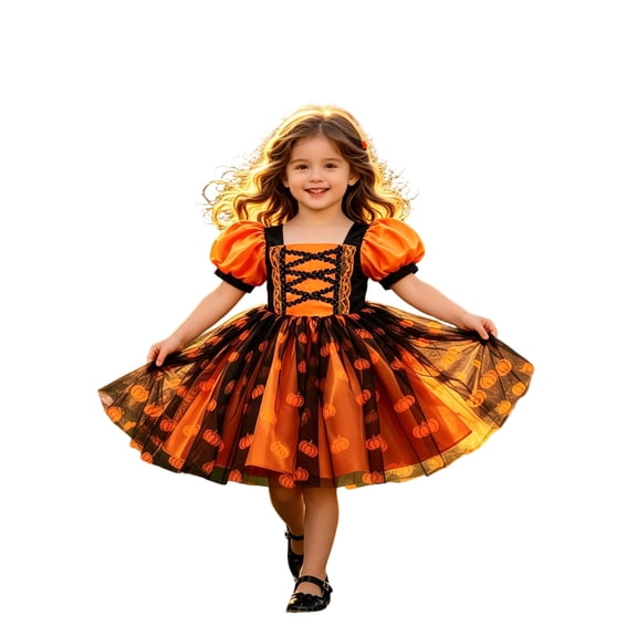 WERYOUNG Halloween Girls Dresses Pumpkin Print Short Sleeve Square Collar Lace Up Dresses For Girls Toddler Kid Stylish Sundress 4 Years