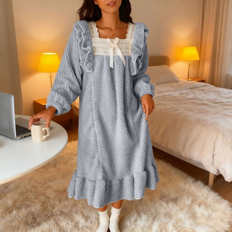 hotojiny Women's Long Sleeve Nightgown Cute Bow Square Neck Mid Length  Sleepwear Fleece Sleepshirts Winter Sleep Dress M-XXL