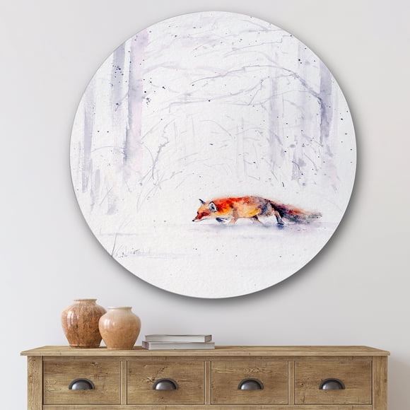 Designart - Red Fox Running In White Snow II - Farmhouse Metal Circle Wall Art
