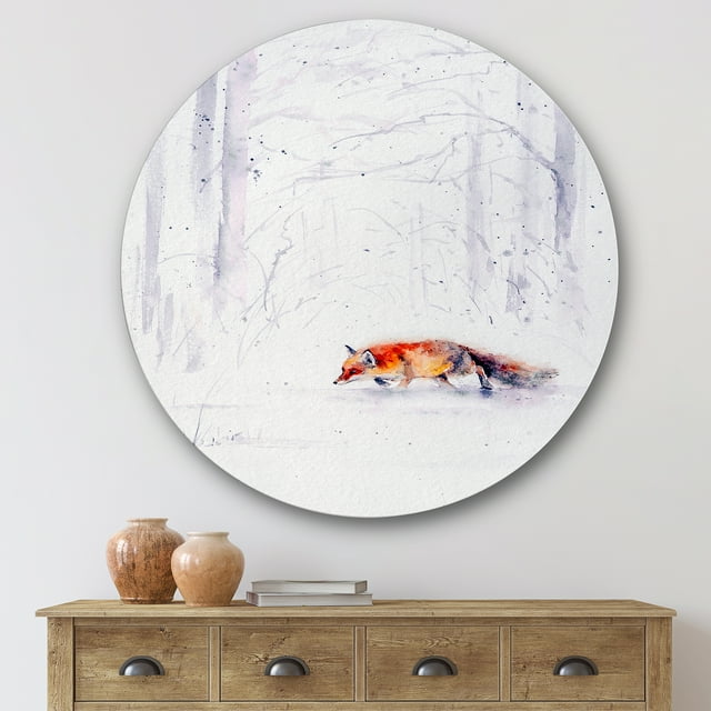 Designart - Red Fox Running In White Snow II - Farmhouse Metal Circle Wall Art