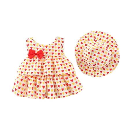 

QWERTYU Infant Baby Toddler Child Children Kids Summer Sleeveless Outfits Bow and Set Love Print Clothing Set with Sun Hat for Girl 6M-3Y