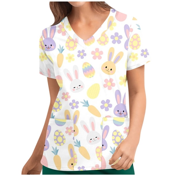 Blusa con cuello en V de manga corta para mujer, uniforme con bolsillos estampados de Pascua, blusa de enfermería Pompotops hkajfhjk460959