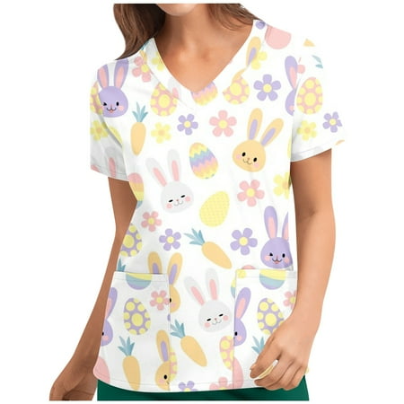 

Women Scrubs Tops Nurse Working Uniforms Easter Bunny Print V Neck Tunic Tees Short Sleeve Pullover Shirts