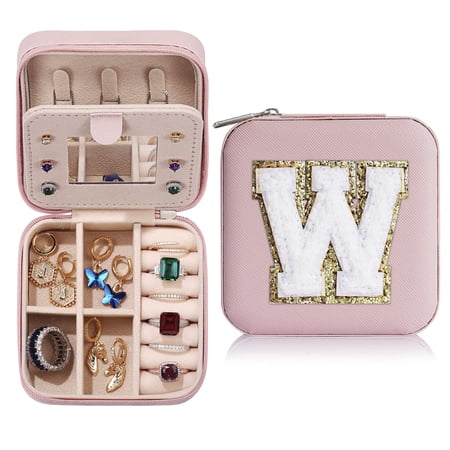 IEFSHINY Travel Jewelry Case, Travel Jewelry Organizer with Mirror Personalized Gifts Pink Travel Jewelry Box Gifts for Women Teens Girls