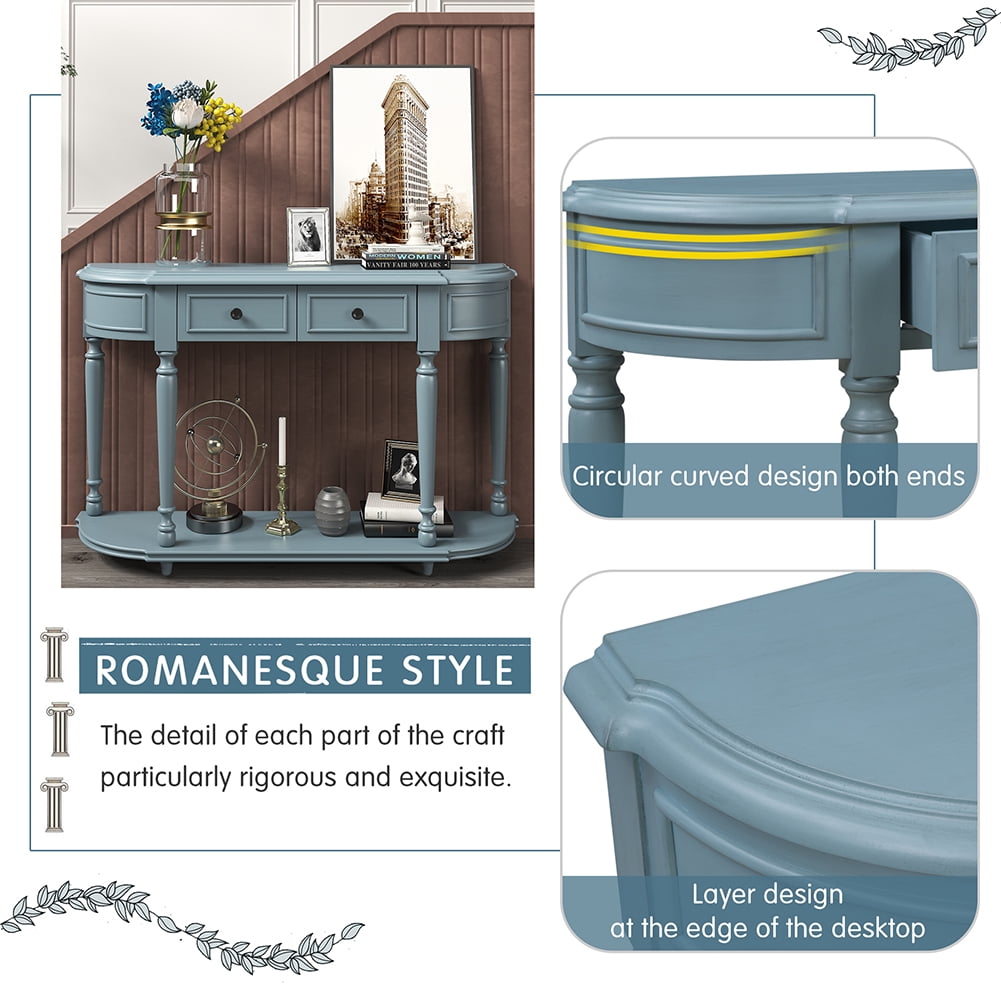 Lowestbest Retro Curved Console Table, Entryway Table with Shelf Wooden Frame and Legs Two Top Drawers (Navy) Lowestbest Retro Curved Console Table, Entryway Table with Shelf Wooden Frame and Legs Two Top Drawers (Navy)