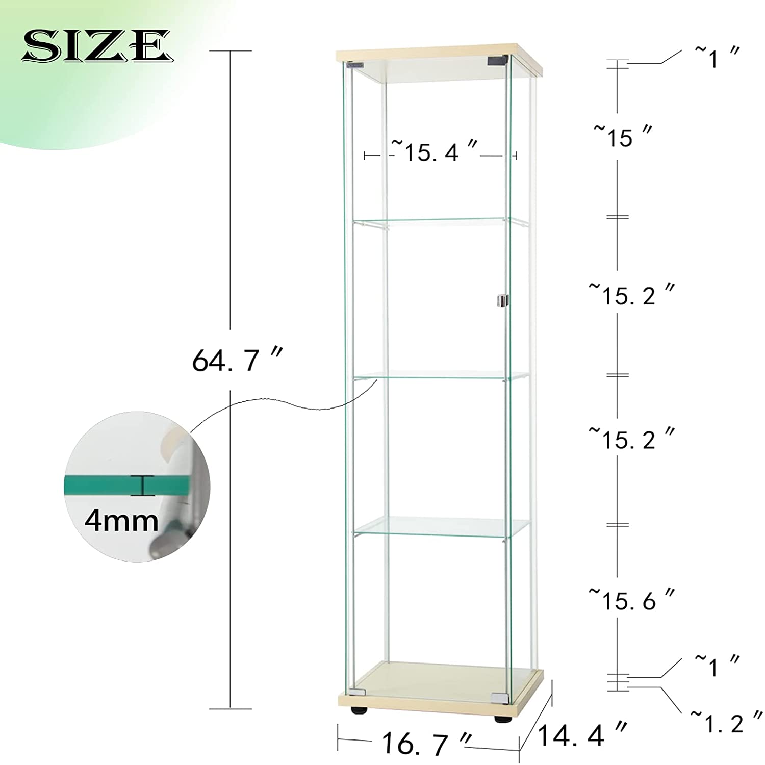 4 Shelves Curio Cabinet Glass Display Case Display Shelves Showcase for Collectibles Cabinet Display Cabinet with Door, 14.5" D x 17" W x 64" H (Natural) - image 2 of 8