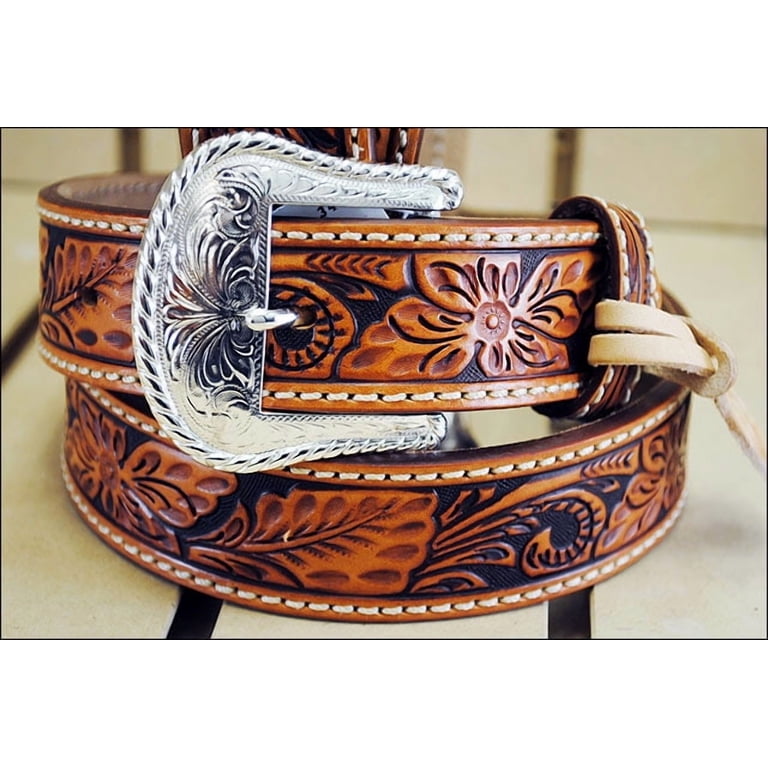 Tony Lama Tan Tooled Leather Belt with White Stitching and Brass Buckle 5b8322f7-f87b-4c06-b80e-  main image 4