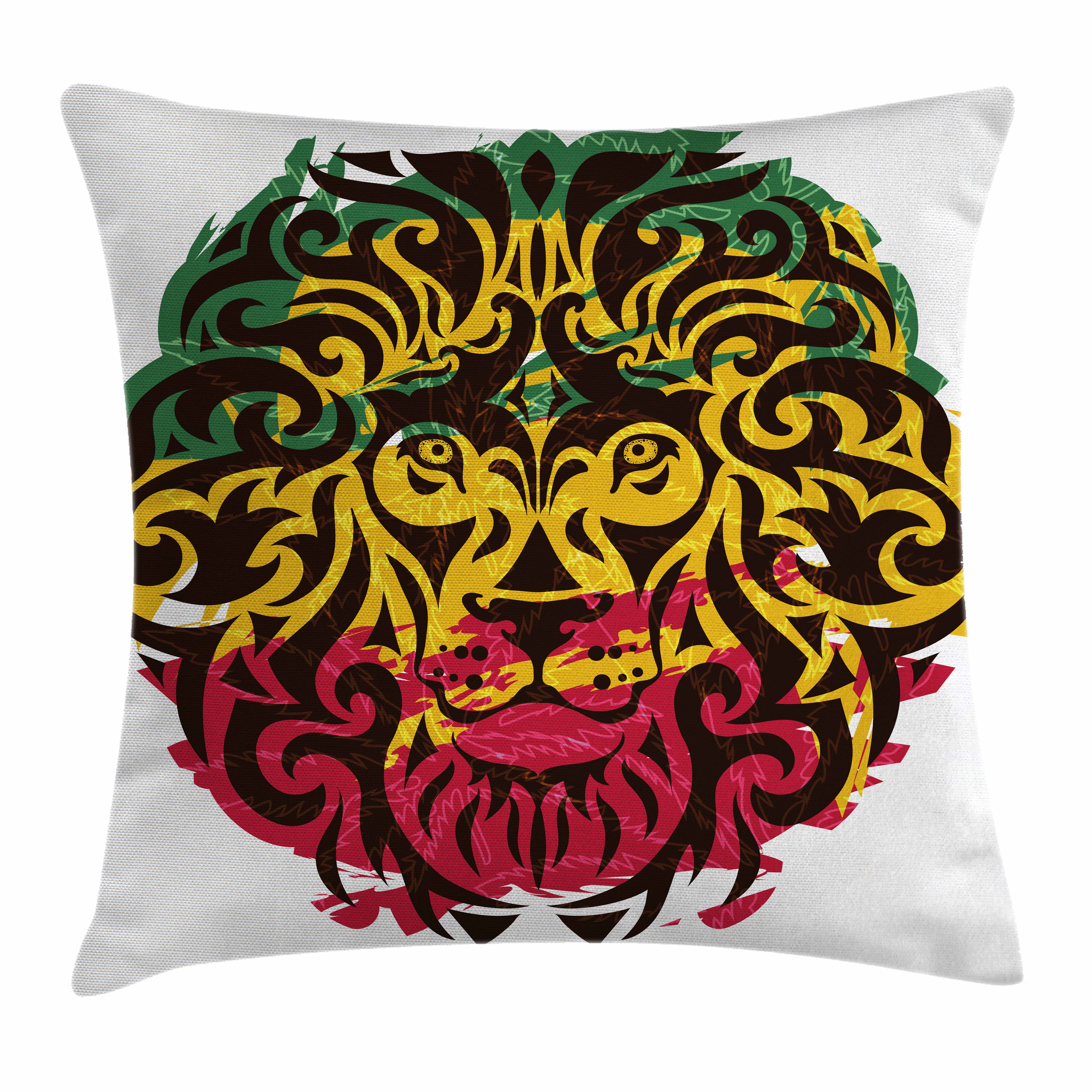 Rasta Throw Pillow Cushion Cover, African Ethiopian Culture Wild Lion