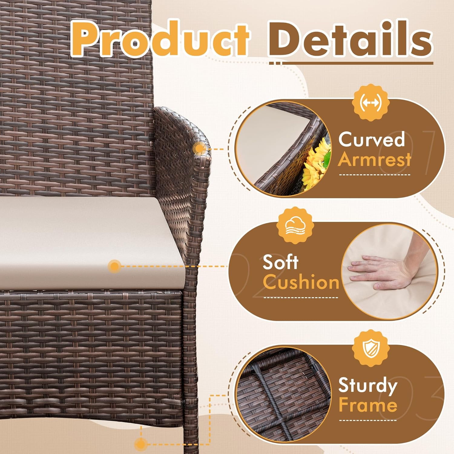 Patio Furniture Set 3 Pieces All-Weather Rattan Outdoor Furniture Patio Chairs with Tempered Glass Table for Porch Bistro Balcony,Beige