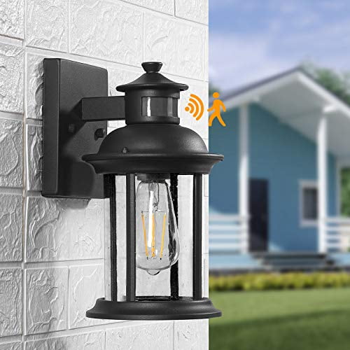 Outside Lights for House Porch Garage Black Wall Sconces Water Ripple Glass Dusk to Dawn Outdoor Wall Lights Exterior Light Fixture Photocell Wall Mount 2-Pack Motion Sensor Outdoor Wall Lanterns
