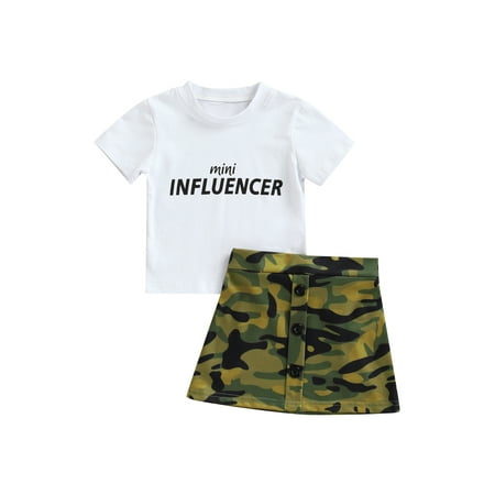 

Canrulo Toddler Girls Clothes 2pcs Letter Printed T Shirts Tops+Camouflage A-Line Skirts Sets White 1-2 Years