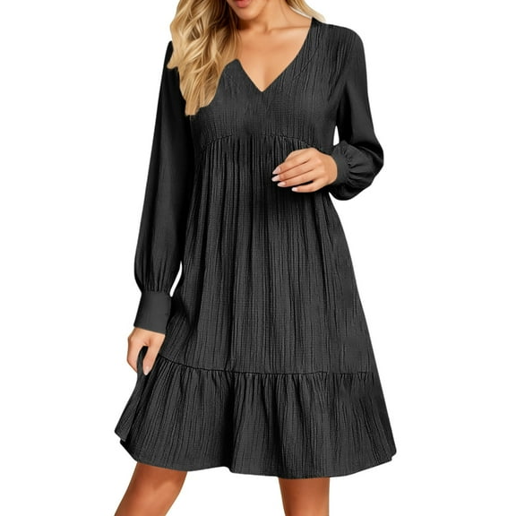 Women's Casual V Neck Long Sleeve Dress Elegant Solid Color Flowy Spring Summer Daily Outfit Comfortable Loose Fit Outdoor Wear