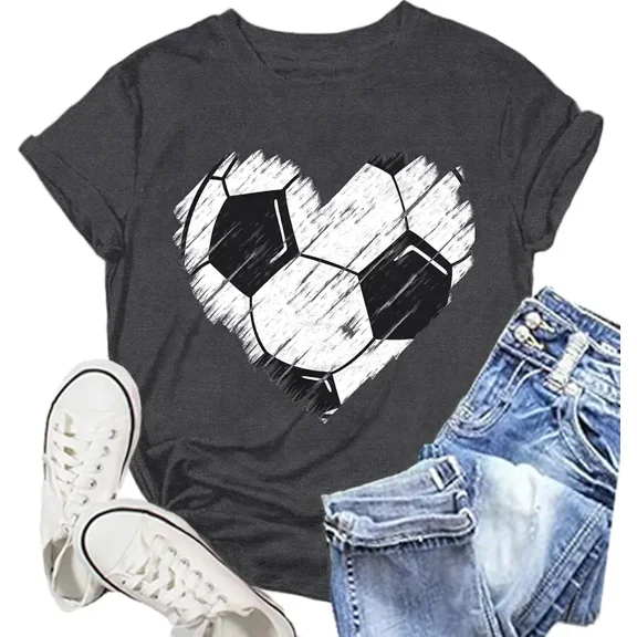 Women's Soccer Heart Graphic T-Shirt Casual Short Sleeve Athletic Sports Tee Retro Love Soccer Top